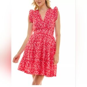Taylor Red Floral Ruffle Sleeve Tiered Cotton Mini Dress Large Cottagecore